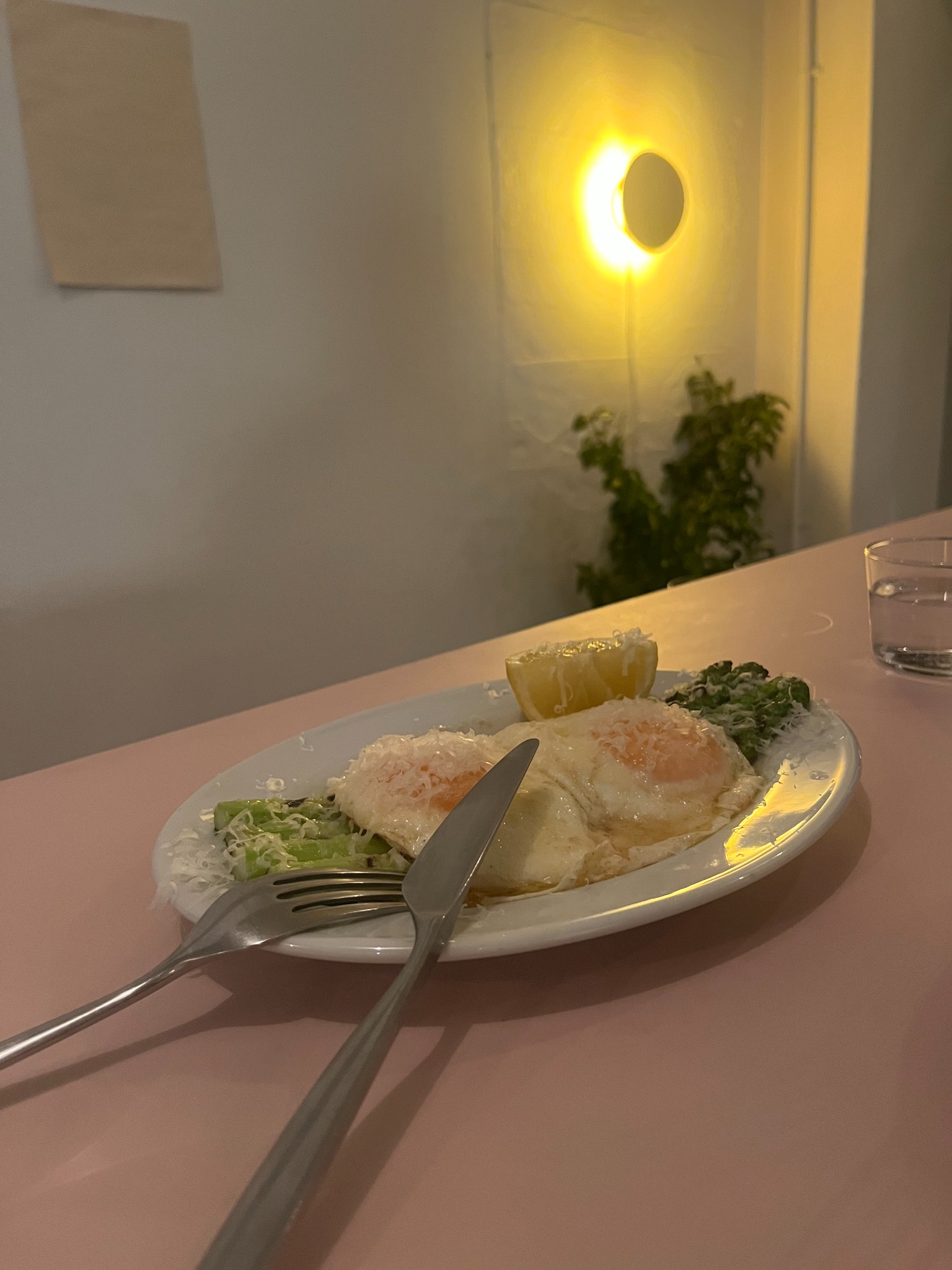 黄色い照明のある店内で、カウンターに置かれた料理